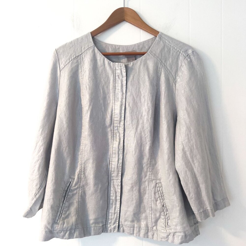 Chicos 100% Linen Foiled Jacket Metallic Silver Gray Neutrals Zip Up Lightweight - Picture 4 of 10